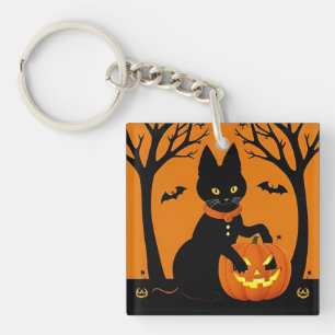 Halloween Black Cat Surrounded by Jack-o'-Lanterns Key Ring