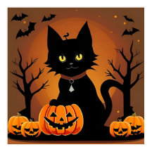 Halloween Black Cat Surrounded by Jack-o'-Lanterns