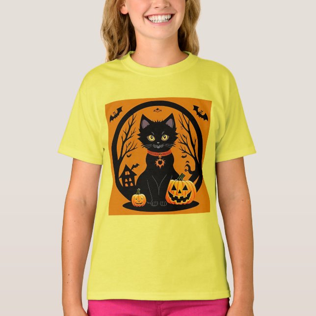 Halloween Black Cat Surrounded by Jack-o'-Lanterns T-Shirt (Front)