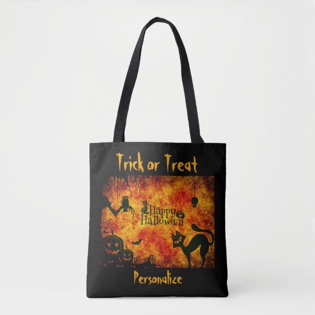 Halloween Black Cat Trick or Treat Candy Reusable Tote Bag (Front)