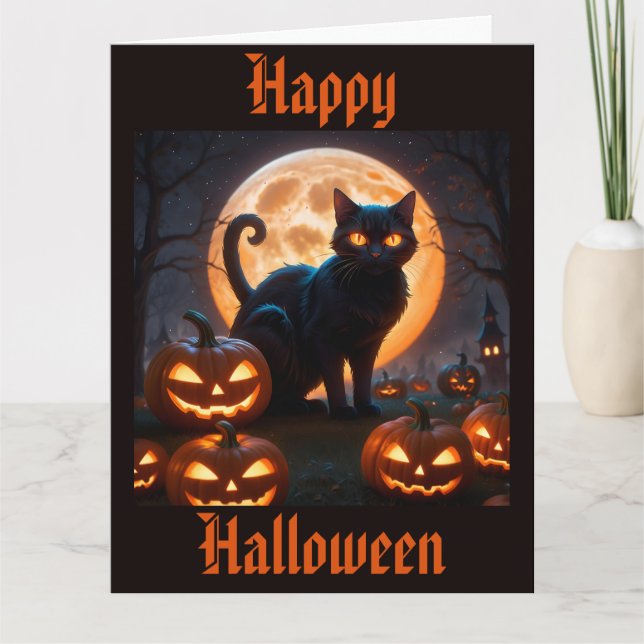 Halloween Black Cat Under the Harvest Moon Card (Front)