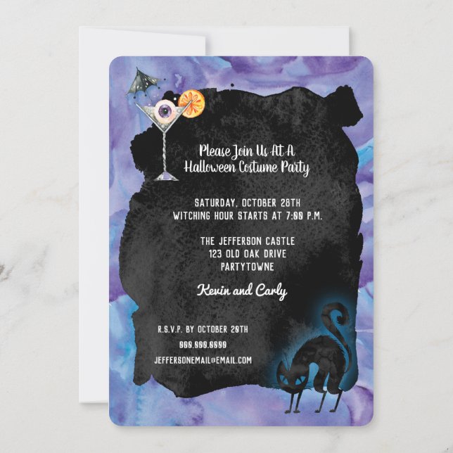 Halloween Black Cat {urple Costume Cocktail Party Invitation (Back)