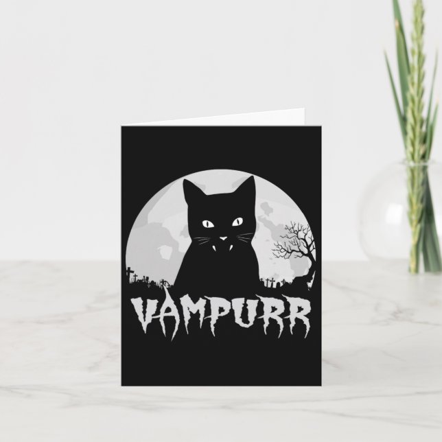 Halloween Black Cat Vampire With Full Moon - Vampu Card (Front)