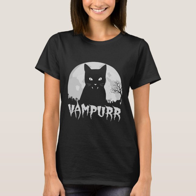 Halloween Black Cat Vampire With Full Moon - Vampu T-Shirt (Front)