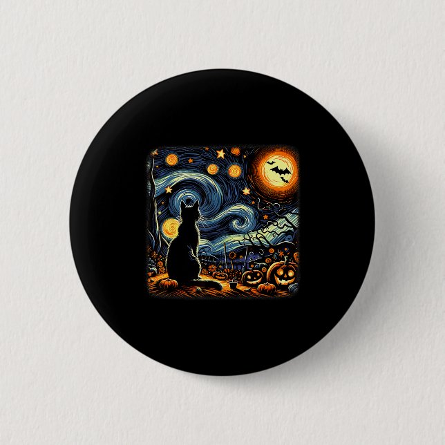 Halloween Black Cat Van Gogh Starry Night Cat Love 6 Cm Round Badge (Front)