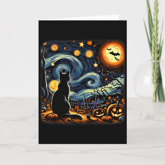 Halloween Black Cat Van Gogh Starry Night Cat Love Card (Front)