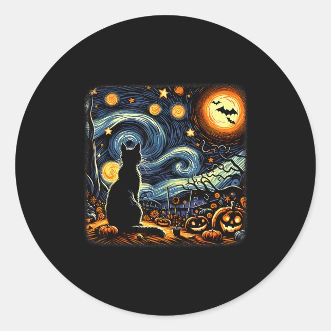Halloween Black Cat Van Gogh Starry Night Cat Love Classic Round Sticker (Front)