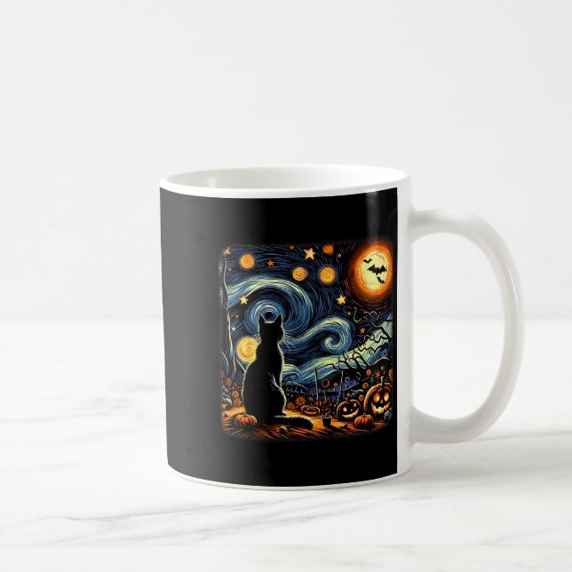 Halloween Black Cat Van Gogh Starry Night Cat Love Coffee Mug (Right)
