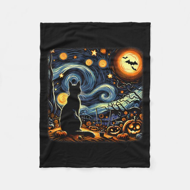 Halloween Black Cat Van Gogh Starry Night Cat Love Fleece Blanket (Front)
