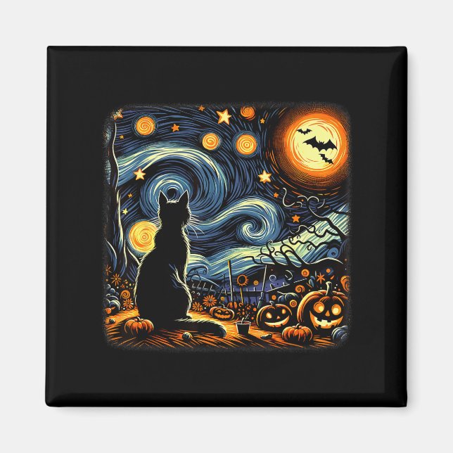 Halloween Black Cat Van Gogh Starry Night Cat Love Magnet (Front)