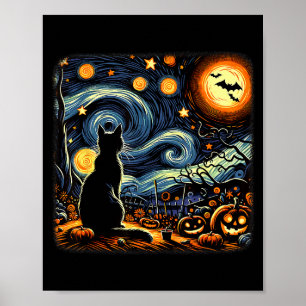 Halloween Black Cat Van Gogh Starry Night Cat Love Poster
