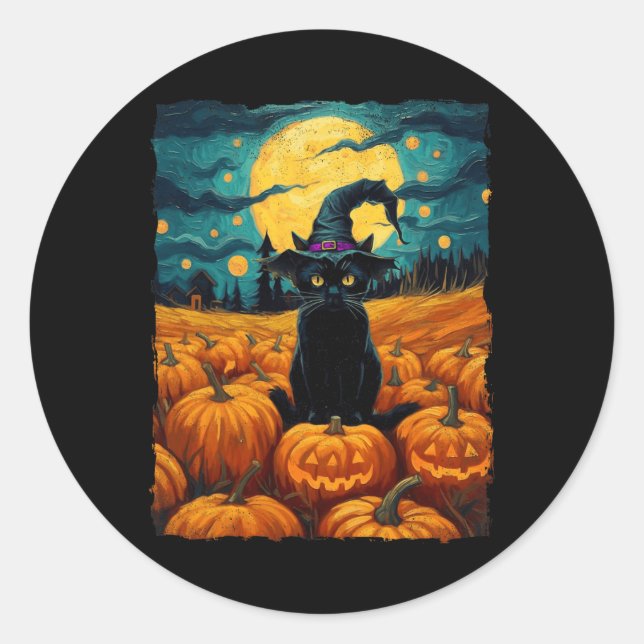 Halloween Black Cat Van Gogh Witch Kawaii Pumpkin  Classic Round Sticker (Front)