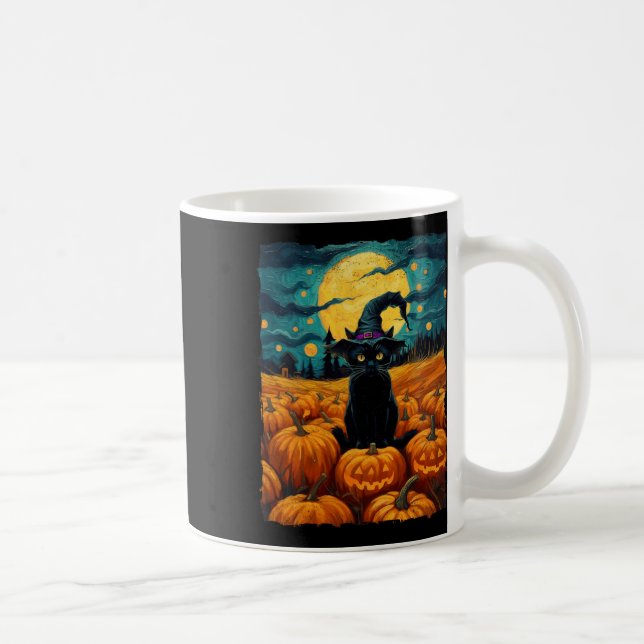 Halloween Black Cat Van Gogh Witch Kawaii Pumpkin  Coffee Mug (Right)