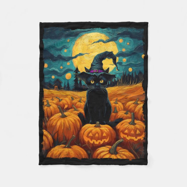 Halloween Black Cat Van Gogh Witch Kawaii Pumpkin  Fleece Blanket (Front)