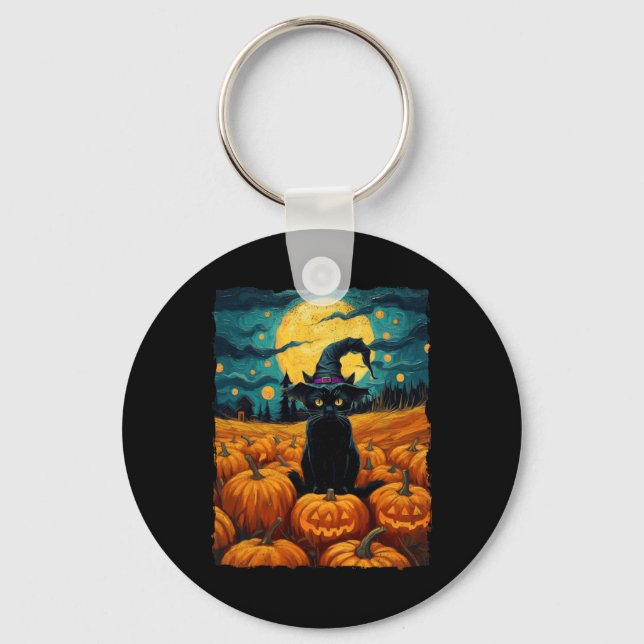 Halloween Black Cat Van Gogh Witch Kawaii Pumpkin  Key Ring (Front)