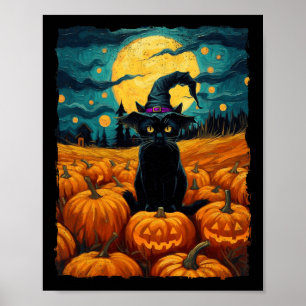 Halloween Black Cat Van Gogh Witch Kawaii Pumpkin  Poster