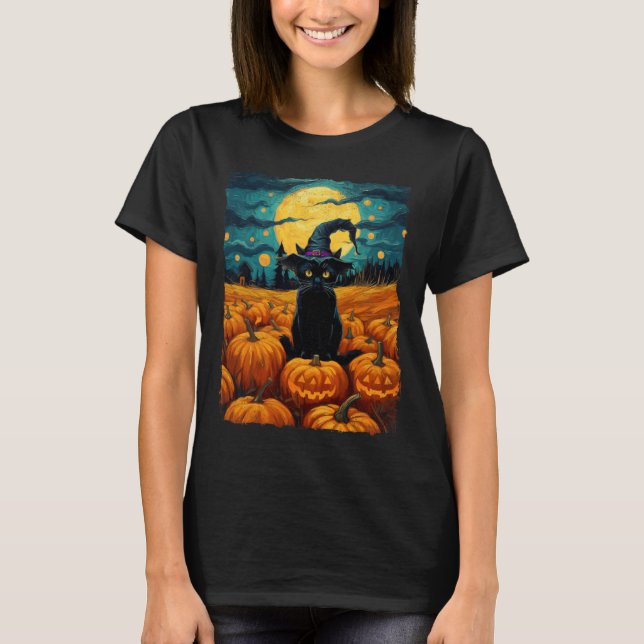 Halloween Black Cat Van Gogh Witch Kawaii Pumpkin  T-Shirt (Front)