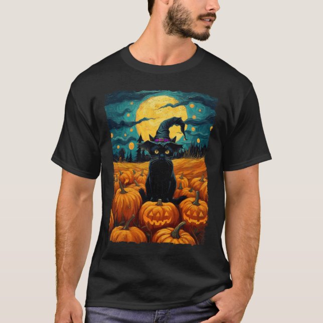 Halloween Black Cat Van Gogh Witch Kawaii Pumpkin  T-Shirt (Front)