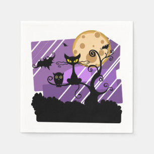Halloween Black Cat, Whimsical Tree Bat and Moon Napkin