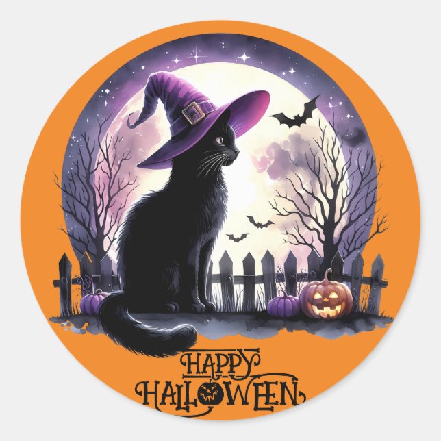 Halloween Black Cat Witch and Bats  Classic Round Sticker (Front)