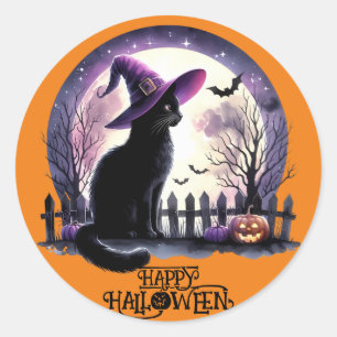 Halloween Black Cat Witch and Bats  Classic Round Sticker