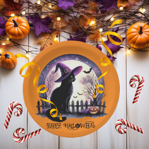Halloween Black Cat Witch and Bats Paper Plate