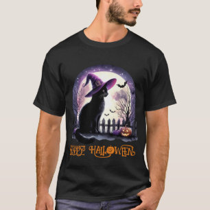 Halloween Black Cat Witch and Bats  T-Shirt