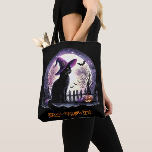 Halloween Black Cat Witch and Bats  Tote Bag