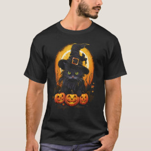 Halloween Black Cat Witch Hat Jack o Lantern Pumpk T-Shirt