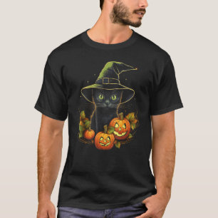 Halloween Black Cat Witch Hat Jack o Lantern Pumpk T-Shirt
