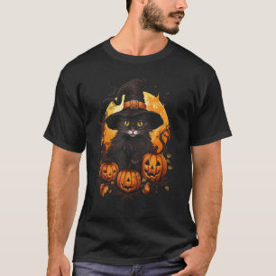Halloween Black Cat Witch Hat Jack o Lantern Pumpk T-Shirt