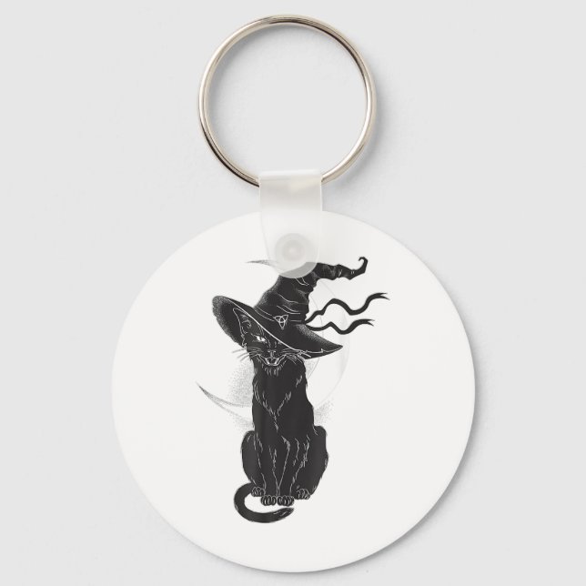 Halloween Black Cat Witch Hat Moon  Key Ring (Front)