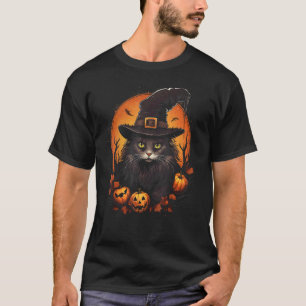 Halloween Black Cat Witch Hat Pumpkin Autumn Fall T-Shirt