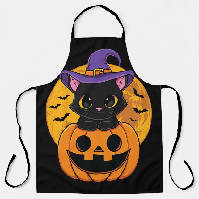 Halloween Black Cat Witch Hat Pumpkin For Kids Gir Apron (Front)
