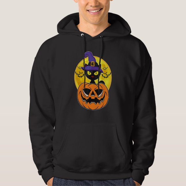 Halloween Black Cat Witch Hat Pumpkin For Kids Gir Hoodie (Front)