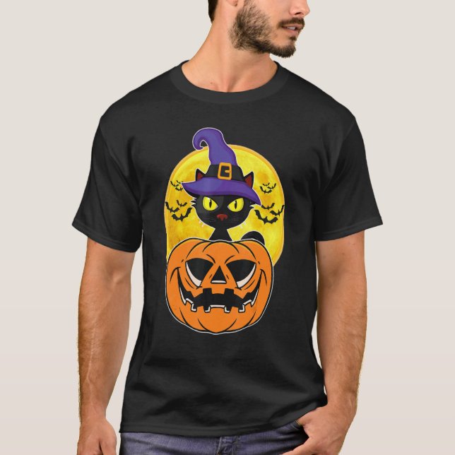 Halloween Black Cat Witch Hat Pumpkin For Kids Gir T-Shirt (Front)