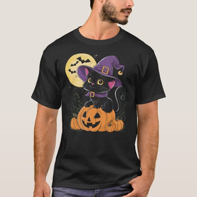 Halloween Black Cat Witch Hat Pumpkin For Kids Gir T-Shirt (Front)