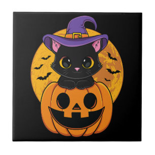 Halloween Black Cat Witch Hat Pumpkin For Kids Gir Tile
