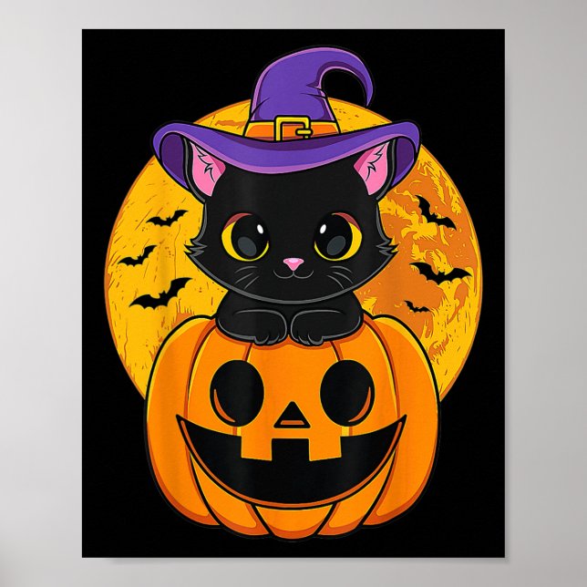 Halloween Black Cat Witch Hat Pumpkin  Poster (Front)