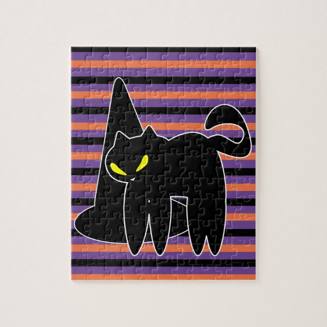 Halloween Black Cat Witch Hat Stripes Jigsaw Puzzle (Vertical)