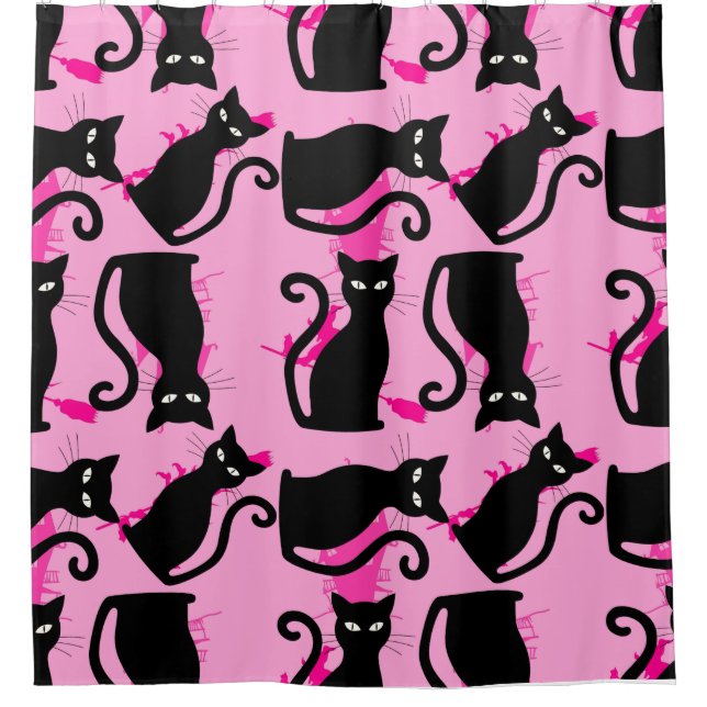 halloween black cat witch pink shower curtain (Front)