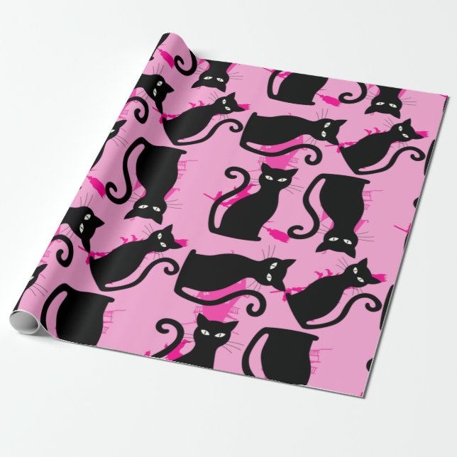 halloween black cat witch pink wrapping paper (Unrolled)