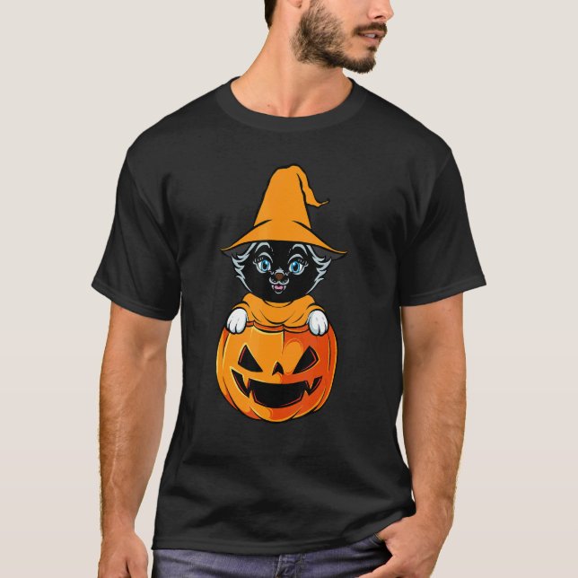 Halloween Black Cat Witch Pumpkin Boys Girls Kids  T-Shirt (Front)