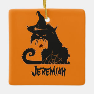 Halloween Black Cat Witch Spooky Spiders Ceramic Ornament