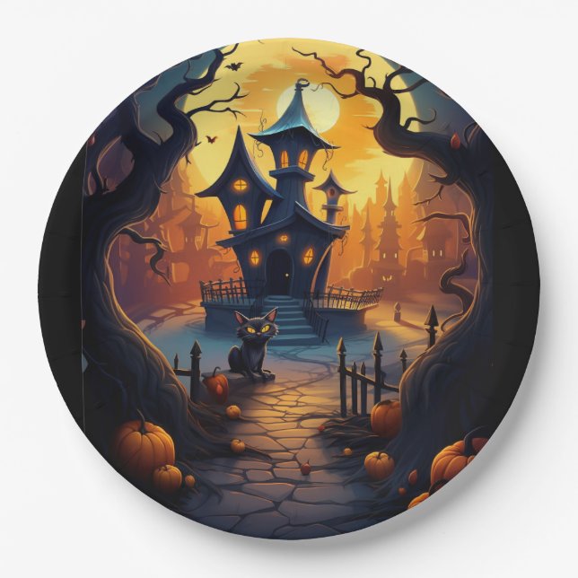 Halloween/Black Cat/Witch/Wizard Crooked House Paper Plate (Front)