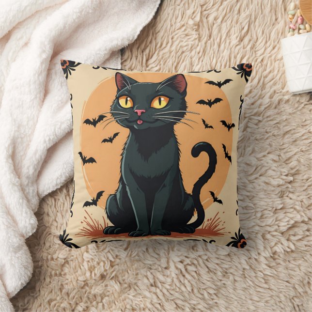 HALLOWEEN BLACK CAT WITH BATS CUSHION (Blanket)