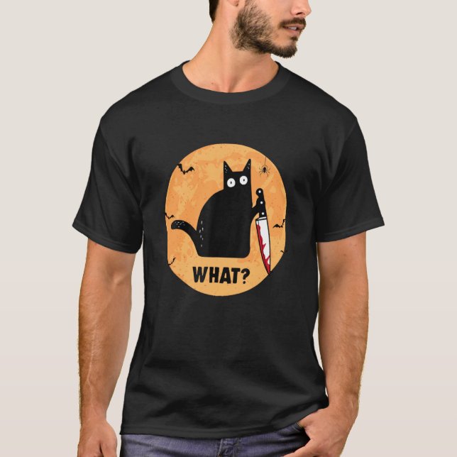 Halloween Black Cat With Bloody Knife Cat What T-Shirt (Front)