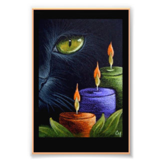HALLOWEEN BLACK CAT with CANDLES 4" X 6" PRINT
