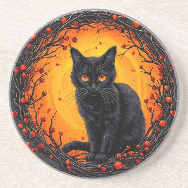 Halloween Black Cat with Glowing Eyes Coaster (Front)