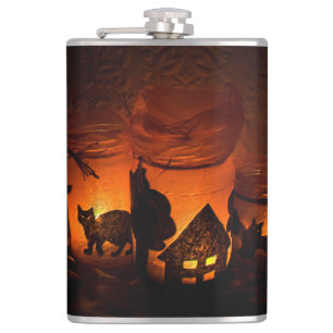Halloween Black Cat with Luminaries and Bats Hip Flask